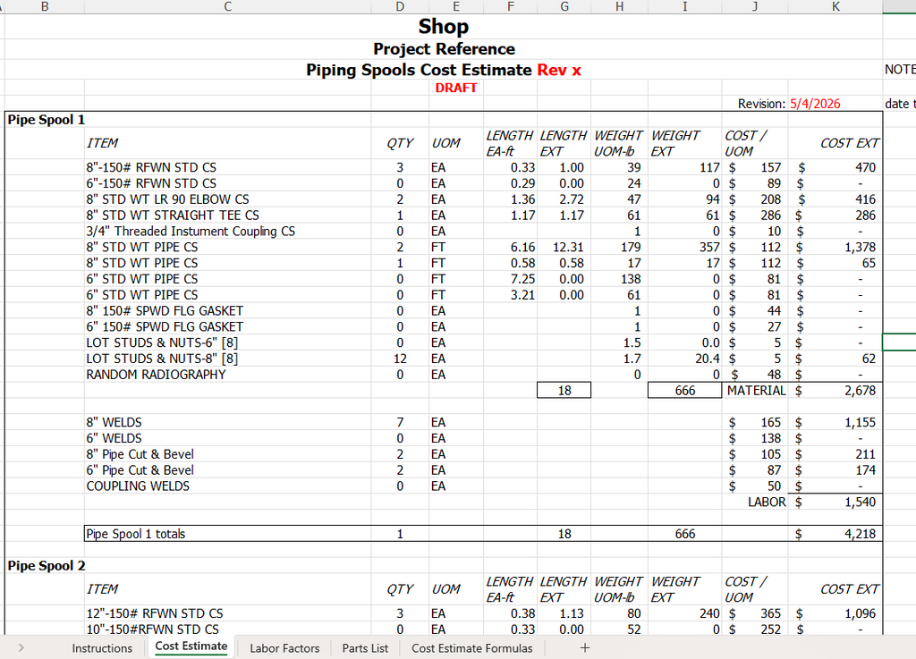 Piping Spools Cost Estimate Rx