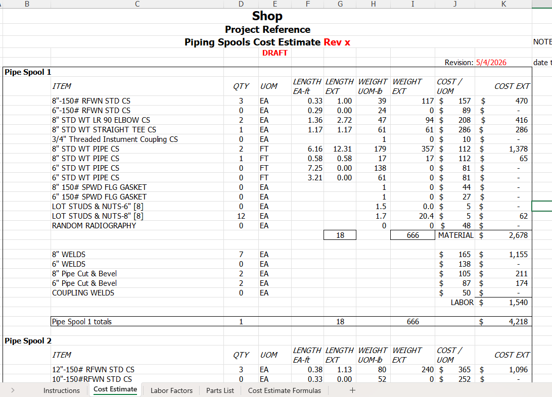 Piping Spools Cost Estimate Rx