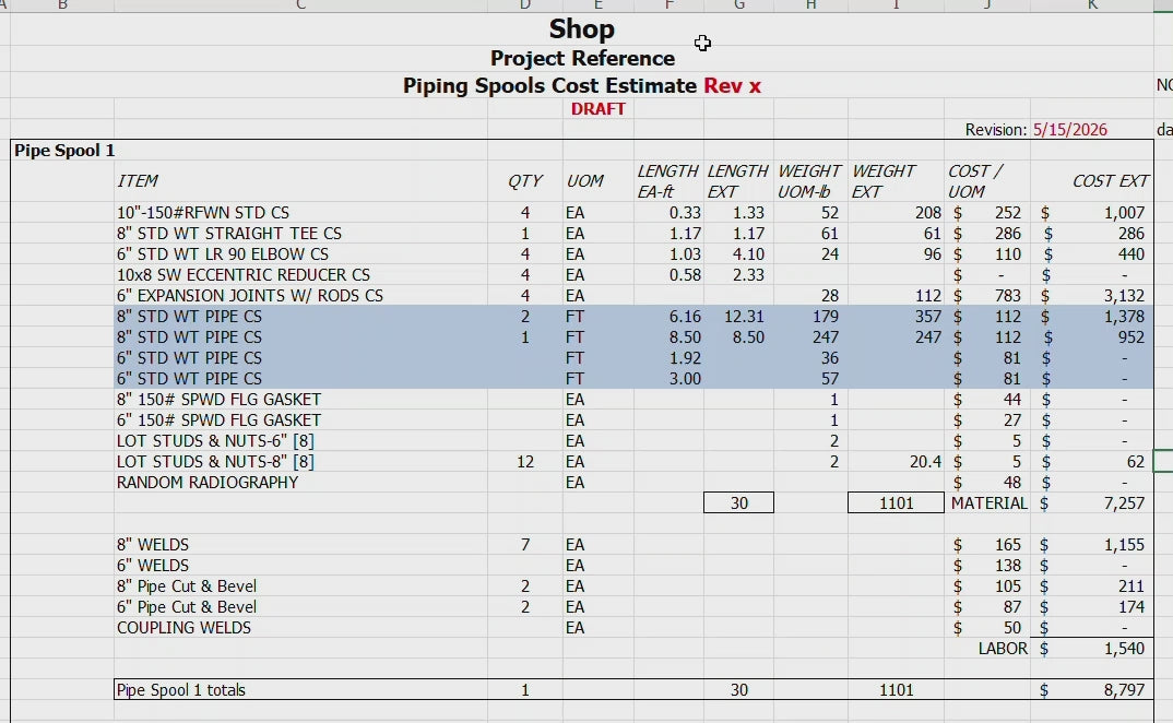 Piping Spools Cost Estimate Rx